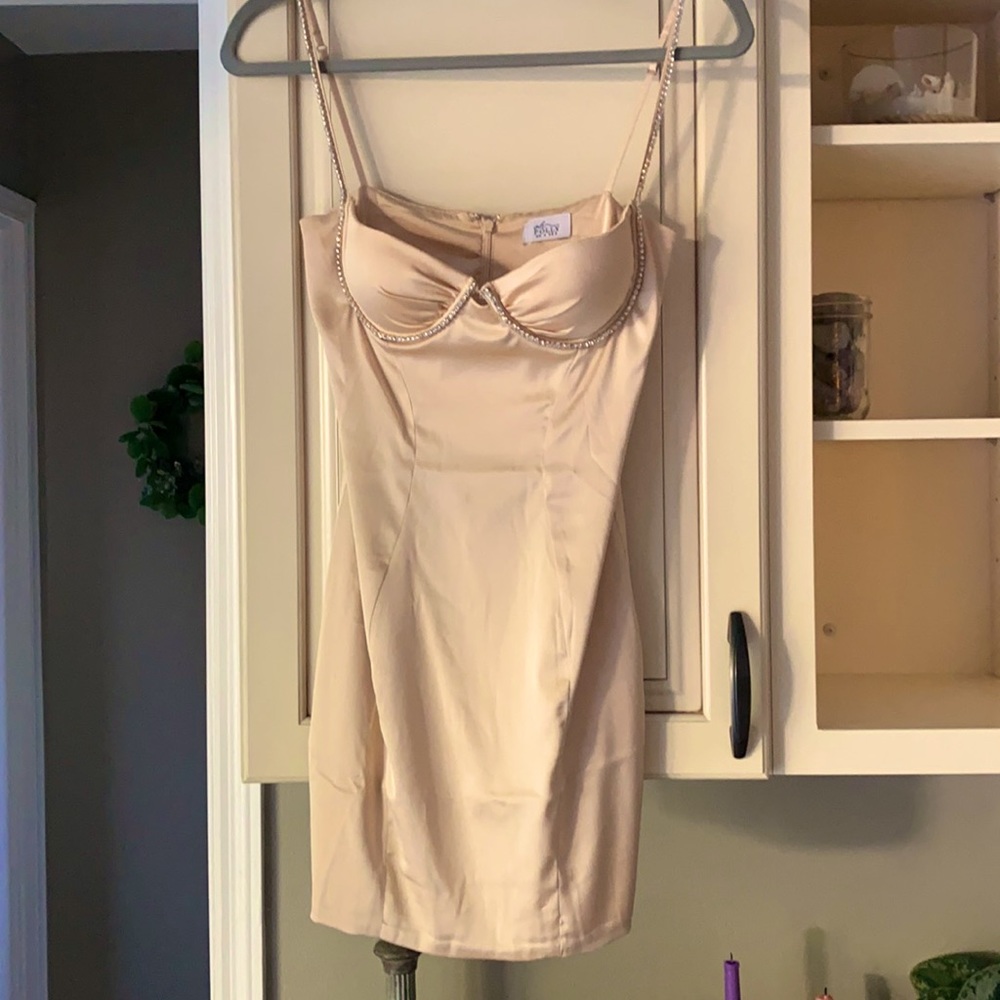 Oh Polly Out of Bounds embellished trim satin mini dress in beige in size US 2.